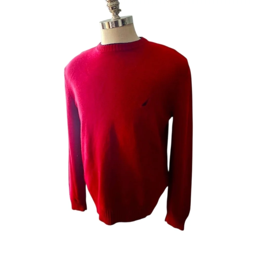 Nautica Red and Navy Men's Sweater Crewneck Cotton Sweater Size Large Logo